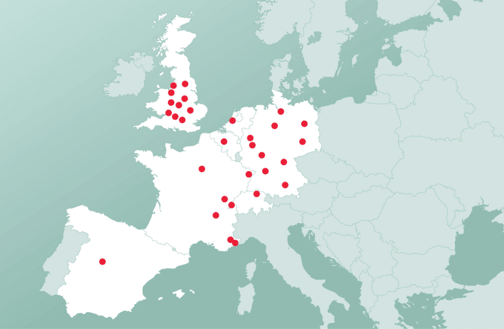 Map of Europe showing data centers