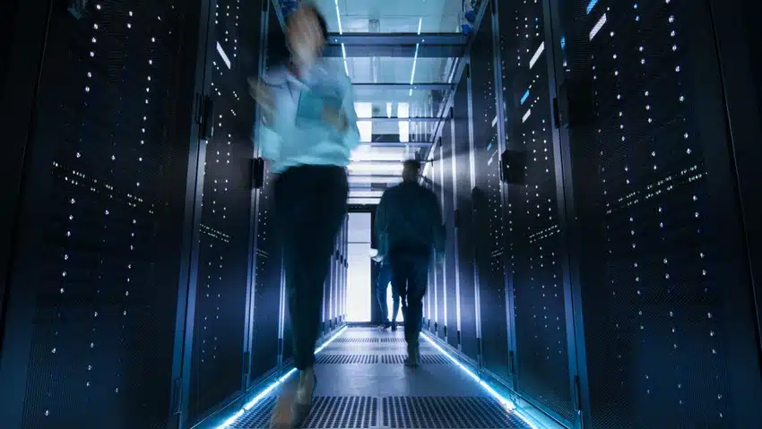 People walking through a data center